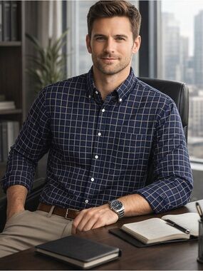 Jos. A.Bank Executive Mens Med Blue Plaid Button Down Shirt Cotton Classic EUC